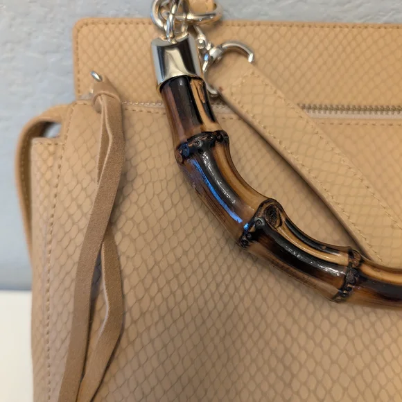 Elaine Turner Tan Snakeskin Embossed Leather Bamboo Handle Satchel Crossbody Bag - Picture 3 of 16